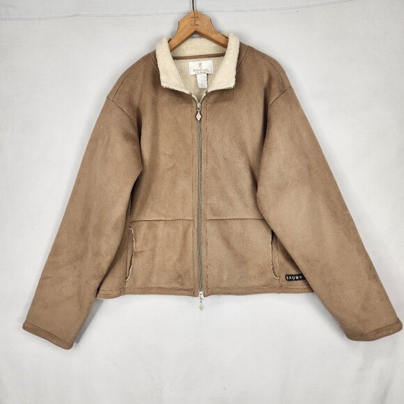 Browning Double Zip Up Jacket Women's XL Brown Faux Suede Sherpa Lining Outdoors - Picture 1 of 7